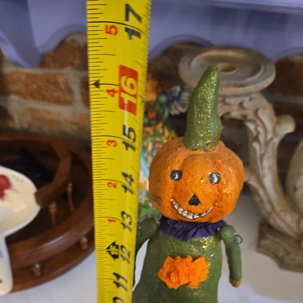 Green and Orange Pumpkin Figurine Holding A Black Cat - Picture 12 of 12